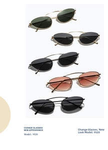 Detailed comparison of five metallic cat-eye sunglasses in various colors, model 9520
