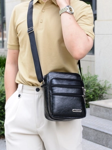 Men's large capacity black PU leather shoulder bag with multiple zip compartments