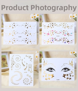 Detailed view of four metallic freckle tattoo designs featuring gold stars and butterflies