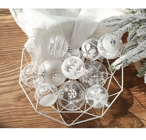 Close-up of clear Christmas balls with white snowflake patterns in a white wire basket