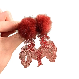 Elegant silver needle red fur ball earrings with hollow carp design for women