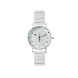 Minimalist white quartz watch with elastic band and heart icon on a clean dial