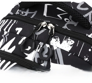Detail shot of heavy-duty dual metal zippers with black pullers on a graffiti backpack