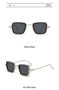 Front and 45-degree side views of silver metal square frame sunglasses with dark grey lenses