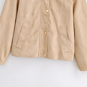 Short khaki faux suede jacket for women with utility pockets and button closure