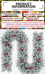 Detail of 9ft Christmas garland featuring artificial snow, pine cones and red berries