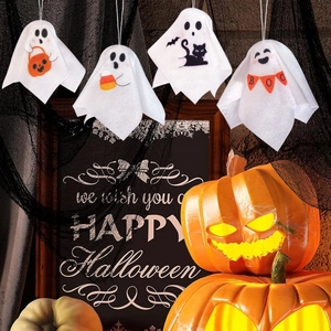 Hanging Halloween ghost ornaments set with pumpkin and BOO banner for party decor