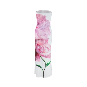 Detailed view of the white floral strapless maxi dress with pink peony flower patterns