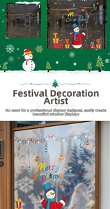 Detailed view of Christmas snowman window stickers with Merry Christmas lettering