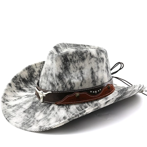 Western cowboy hat with marble pattern, bull head emblem and studded leather band