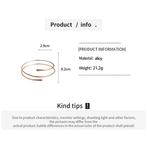 Detailed dimensions of a rose gold spiral arm cuff bracelet made of high-quality alloy