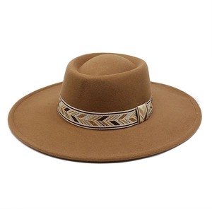 Vintage brown wide brim wool fedora hat with geometric embroidered band for men and women