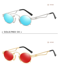 Dual view of punk style round sunglasses in gold-red and silver-blue metal frames