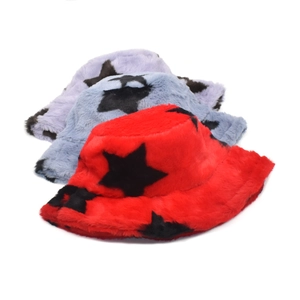 Faux rabbit fur bucket hats with star patterns in red, grey-blue, and purple colors