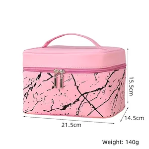 Detail view of pink marble PU leather cosmetic bag with size dimensions and dual zippers