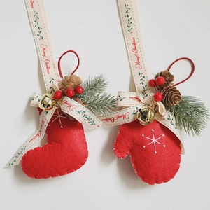Christmas wool felt gloves and socks ornaments with pine cones and golden bell decor