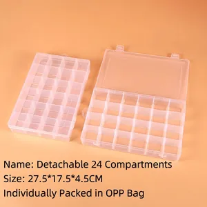 Close-up of 24-compartment transparent storage box with adjustable dividers and dimensions