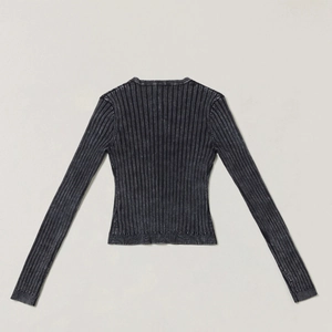 Detailed flat lay of vintage washed grey ribbed knit cardigan with button texture