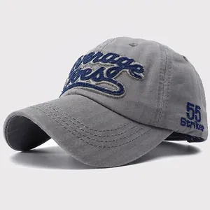 Gray cotton baseball cap with blue Average Joe's 3D embroidery and side lettering