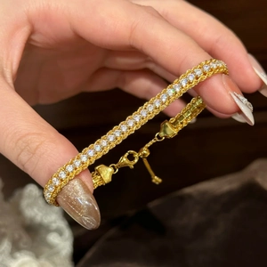 Bracelet De Tennis Rétro Luxe Cuivre Strass Chaîne Géométrique Réglable Français Élégant Mode Bijoux De Main Pour Femmes