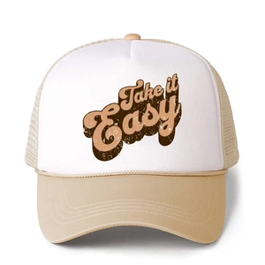 Vintage Take it Easy print sponge mesh trucker hat with adjustable snapback and curved brim