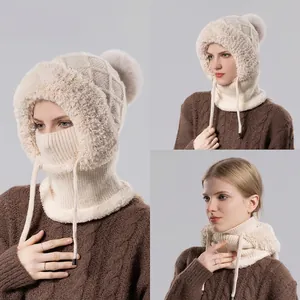 Women Winter Knit Beanie Hat With Integrated Scarf Mask Faux Fur Fleece Lined Warm Windproof Pom Pom Outdoor Balaclava