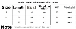 Detailed size chart for faux fur effect suede leather blazer with precise measurements