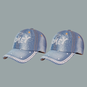 Vintage blue denim baseball cap with HONEY rhinestone lettering and stud brim