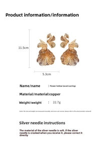 Detailed view of hollow flower tassel earrings with dimensions 11.5cm by 5.3cm