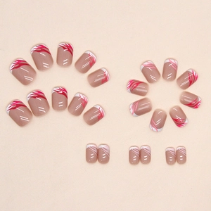 Short round French press-on nails with pink zebra patterns and 24-piece nail set