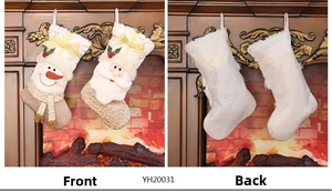Detail of Christmas stocking featuring snowman and Santa 3D designs with gold bows