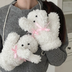 Gants peluche chiot blanc avec cordon et nœud pour rester au chaud en hiver