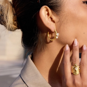 Macro detail of 18K gold-plated bird ring and C-shaped zircon earrings on model
