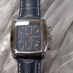 Men's MEGIR blue leather strap chronograph watch with square case and date display