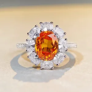 Luxury 925 Sterling Silver Oval Rhinestone Flower Ring For Women Electroplated Sparkly Wedding Engagement Statement Jewelry Gift