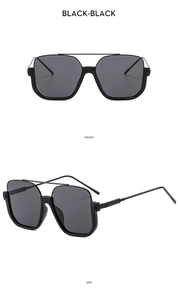 Detailed front and side views of black double-bridge semi-rimless sunglasses
