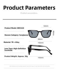 Detailed size specifications and dimensions chart for BEE3224 square sunglasses