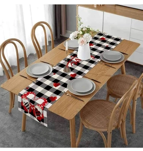 Linen table runner with red hearts and gnomes on black and white plaid for Valentine decor