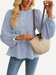 Elegante blau gestreifte Bluse mit Puffärmeln und tailliertem Saum für Damen