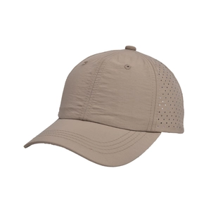 Detail of laser-cut ventilation holes and quick-dry fabric on the khaki baseball cap
