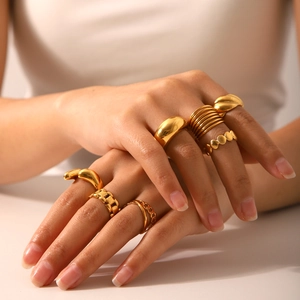 Stackable geometric gold-plated stainless steel ring set for women in high polish finish