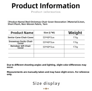 Size chart showing 3D Santa, Snowman, and Reindeer Christmas chair covers with dimensions