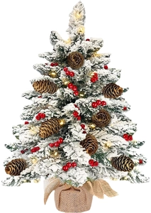 60cm flocked mini Christmas tree with LED lights, pinecones, and red berries on burlap base