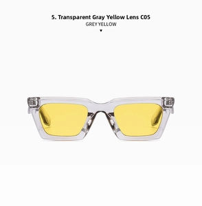 Detail view of transparent grey square sunglasses with vibrant yellow lenses in C05 style