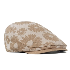 Retro daisy floral denim beret flat cap with khaki sunflower pattern for women