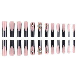 Long coffin black French press-on nails with rhinestone accents and pink contrast