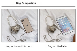 Detailed size comparison of silver heart metal mini bag with pearl handle and chain