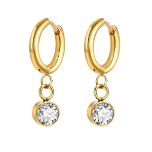 Polished gold stainless steel hoop earrings with hanging round cubic zirconia stones