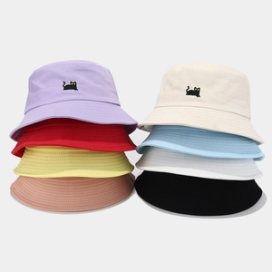 Pastel bucket hats with black cat embroidery in eight vibrant colors for summer