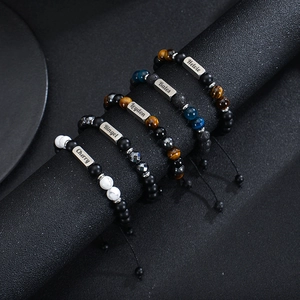 Customized tiger eye stone and stainless steel engraved bracelet with adjustable cord